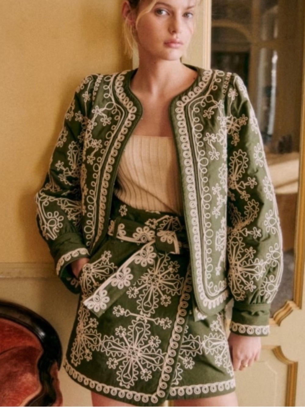 Sézane Leandra Embroidered Wrap Mini Skirt Green Cream Parisian 38921 - Picture 4 of 15